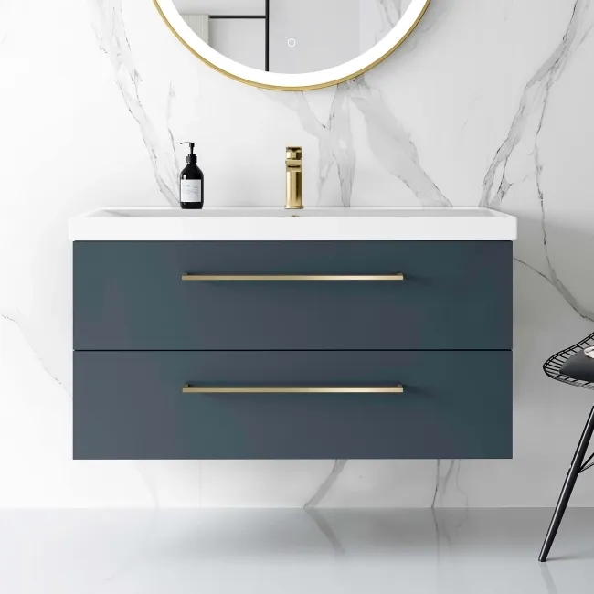 Elba Inky Blue Wall Hung Basin Drawer Vanity 1000mm - Brushed Brass Accents