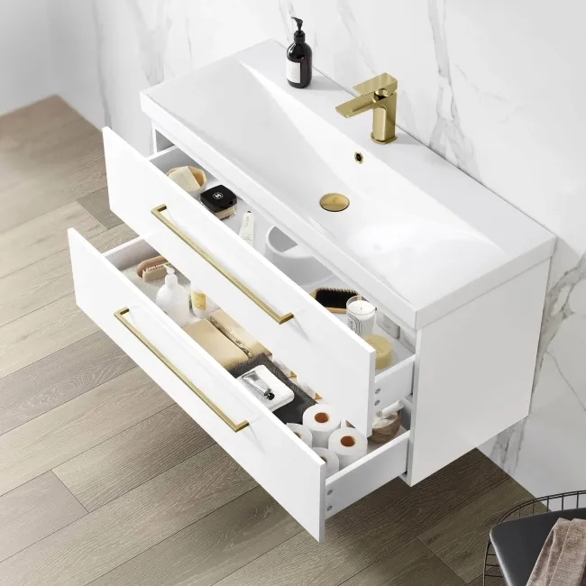 Elba Gloss White Wall Hung Basin Drawer Vanity 1000mm - Brushed Brass Accents