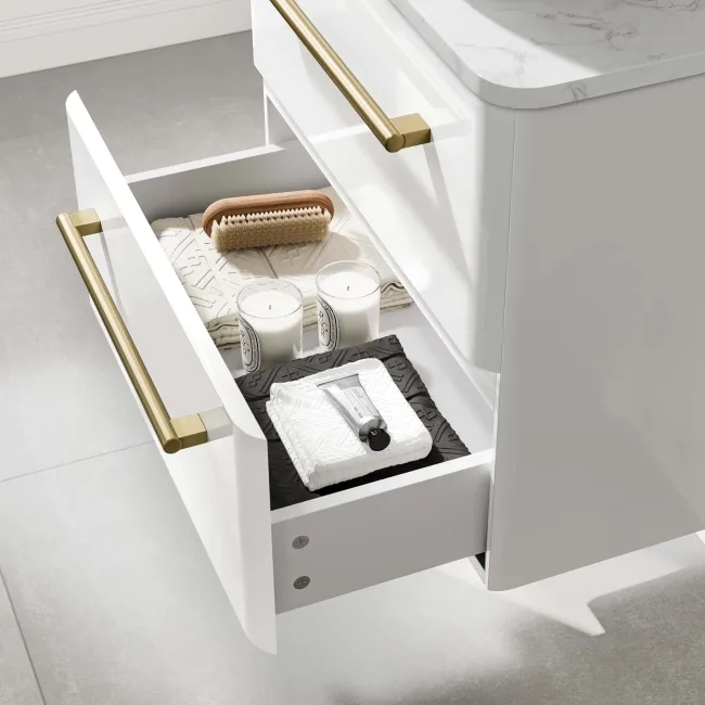Omaha Gloss White Wall Hung Drawer Vanity with Marble Top & Curved Counter Top Basin 600mm - Brushed Brass Accents