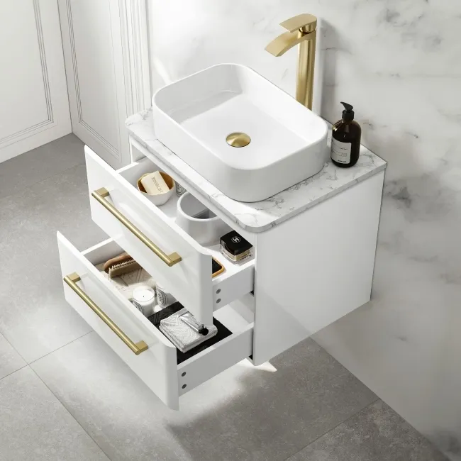Omaha Gloss White Wall Hung Drawer Vanity with Marble Top & Marin Basin 600mm - Brushed Brass Accents