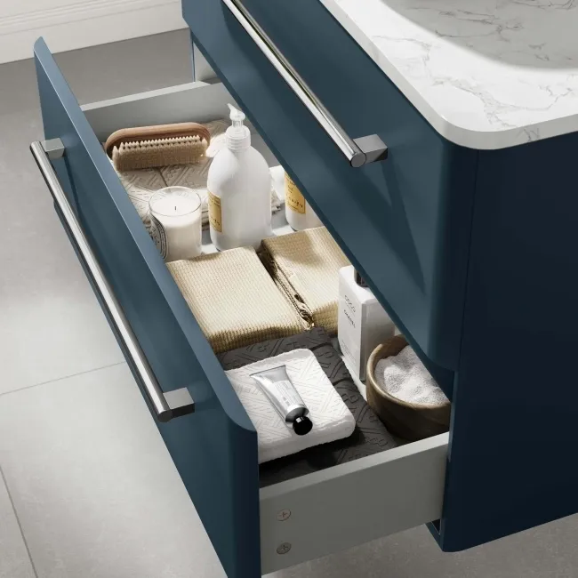 Omaha Navy Blue Wall Hung Drawer Vanity with Marble Top & Curved Counter Top Basin 800mm