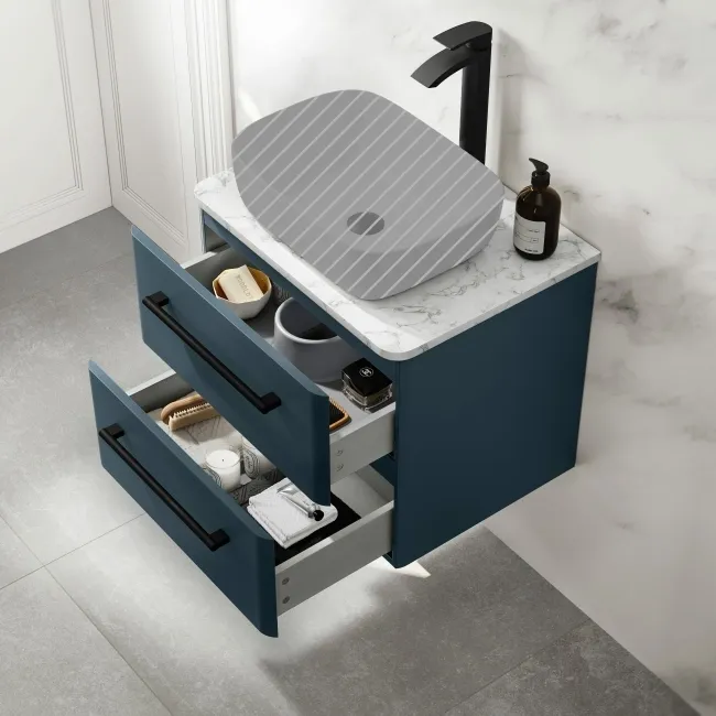 Omaha Navy Blue Wall Hung Drawer Vanity with Marble Top 600mm (Excludes Counter Top Basin) - Black Accents