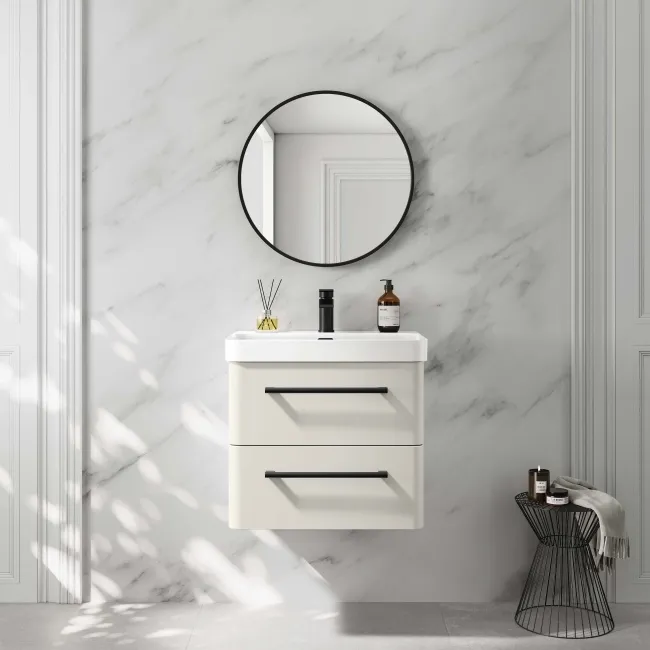 Omaha Linen White Wall Hung Basin Drawer Vanity 600mm - Black Accents