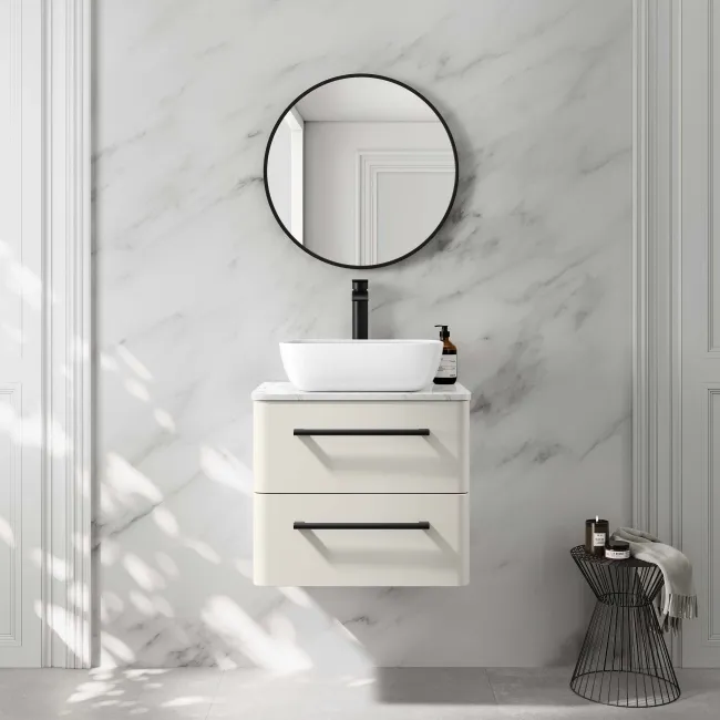 Omaha Linen White Wall Hung Drawer Vanity with Marble Top & Curved Counter Top Basin 600mm - Black Accents