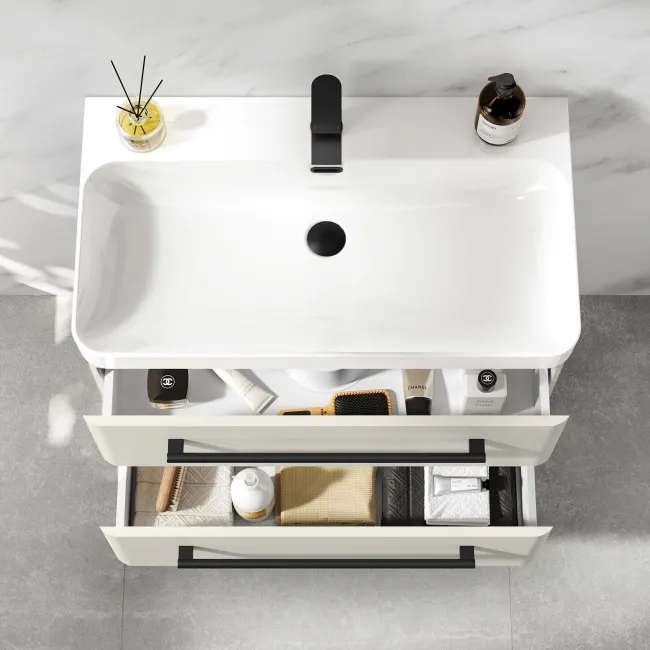 Omaha Linen White Wall Hung Basin Drawer Vanity 800mm - Black Accents