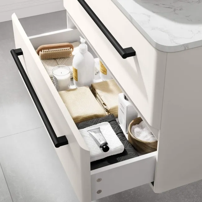 Omaha Linen White Wall Hung Drawer Vanity with Marble Top 800mm (Excludes Counter Top Basin) - Black Accents