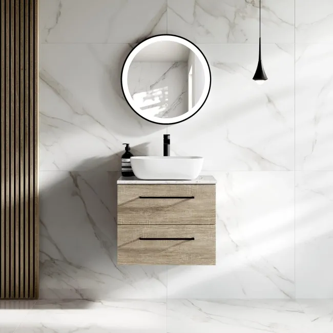 Elba Dawn Oak Wall Hung Drawer Vanity with Marble Top & Curved Counter Top Basin 600mm - Black Accents