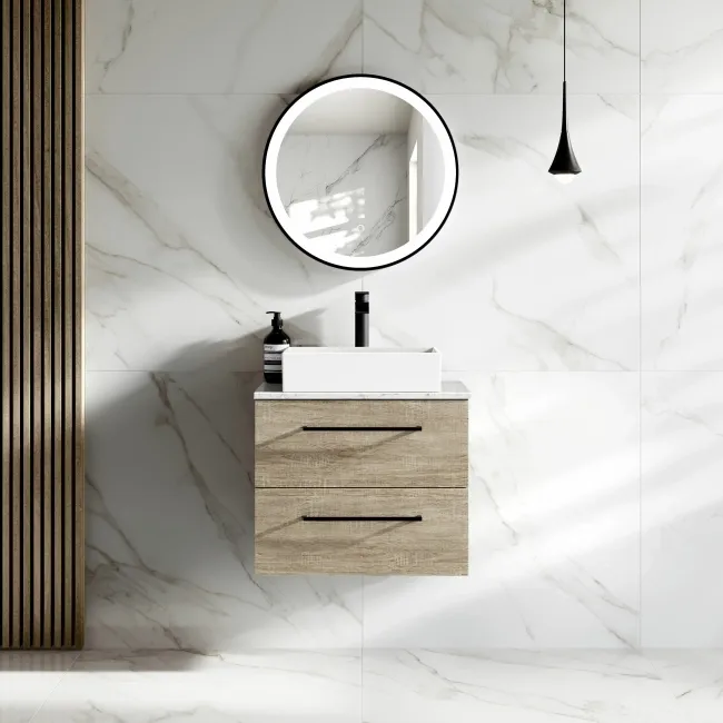 Elba Dawn Oak Wall Hung Drawer Vanity with Marble Top & Cody Basin 600mm - Black Accents