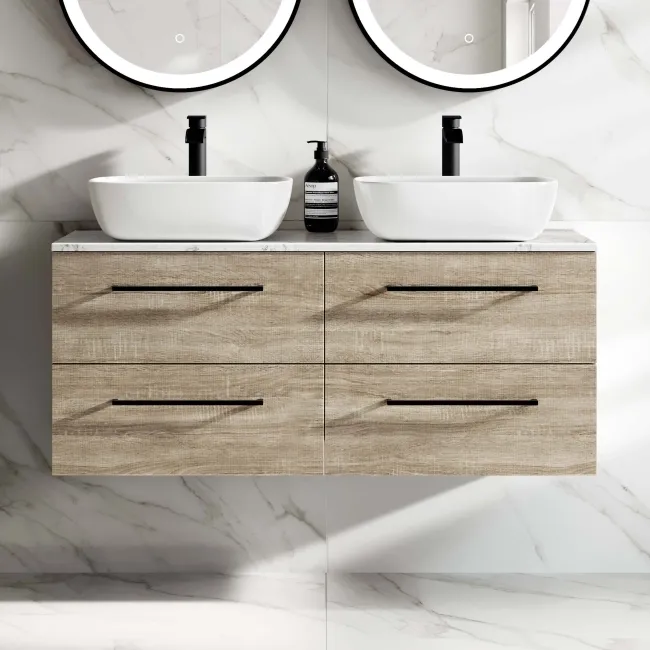 Elba Dawn Oak Double Wall Hung Drawer Vanity with Marble Top & Curved Basin 1200mm - Black Accents