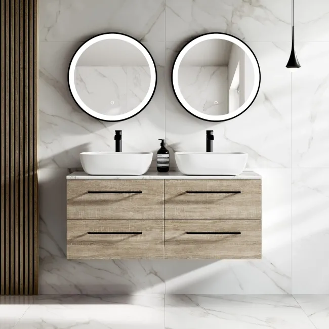 Elba Dawn Oak Double Wall Hung Drawer Vanity with Marble Top & Curved Basin 1200mm - Black Accents