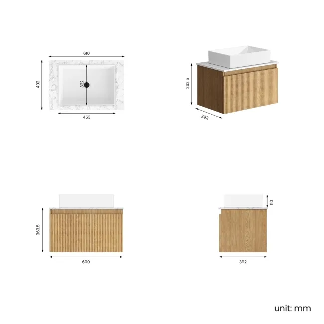 Malta Fluted Country Oak Wall Hung Drawer Vanity with Marble Top & Cody Basin 600mm