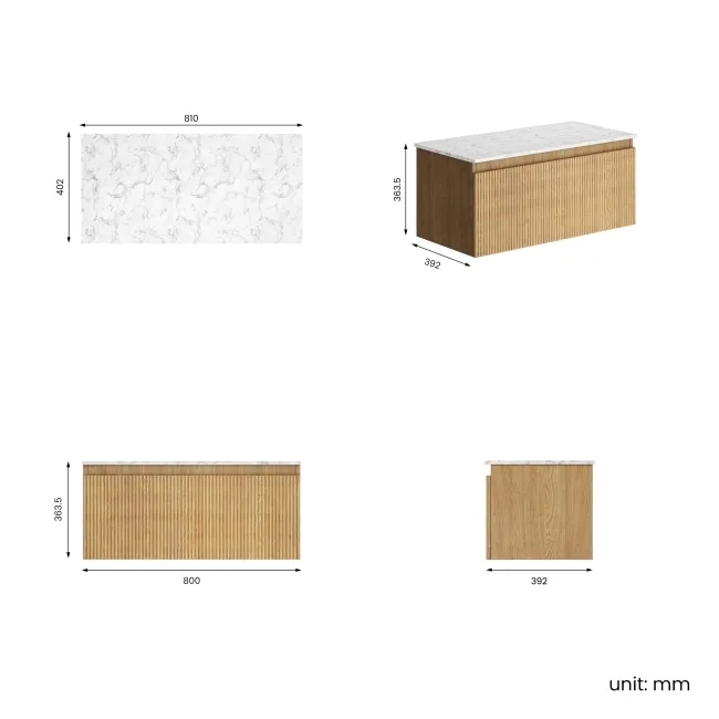 Malta Fluted Country Oak Wall Hung Drawer Vanity with Marble Top 800mm - Excludes Counter Top Basin