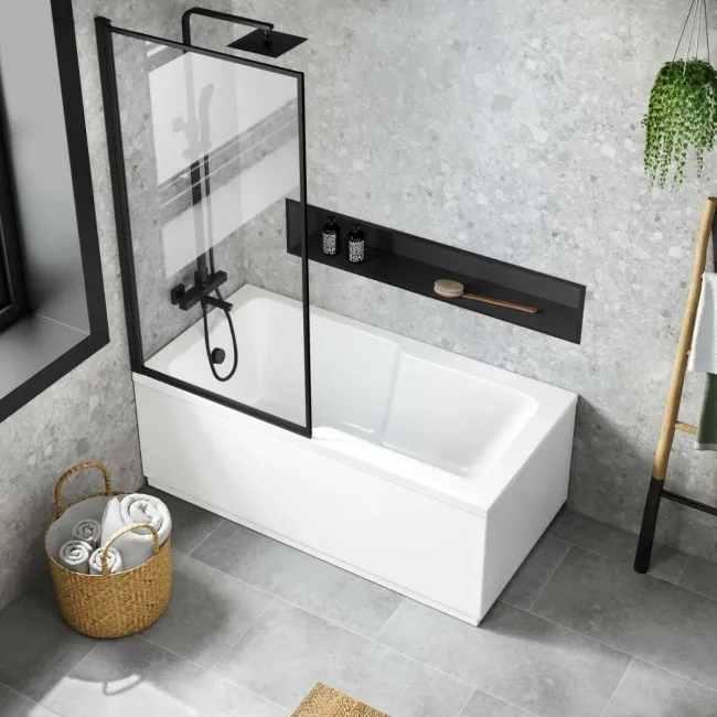 Dover 1600x750 Keyhole Shower Bath & 6mm Easy Clean Matt Black Framed Bath Screen