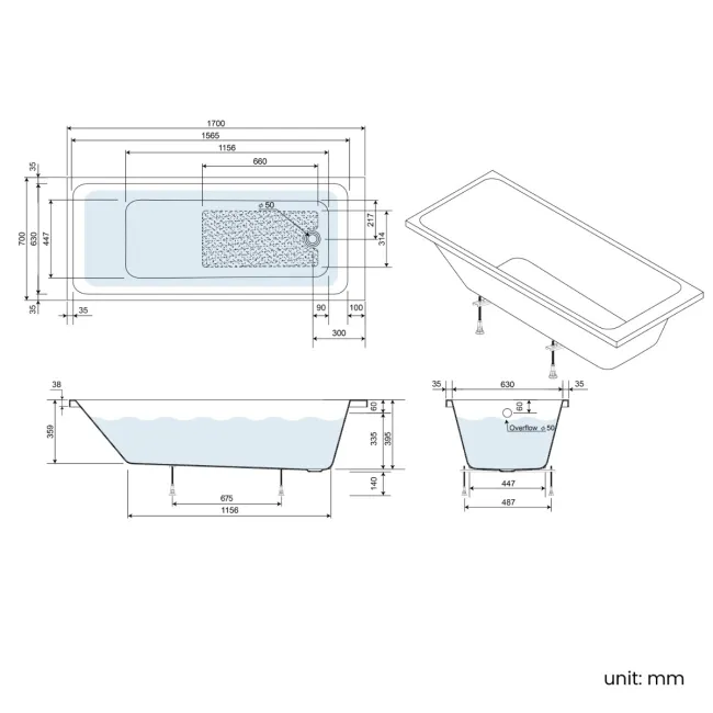 Witney 1700x700 Square Single Ended Bath