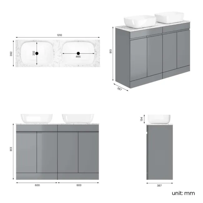 Trent Stone Grey Double Vanity with Marble Top & Curved Counter Top Basin 1200mm
