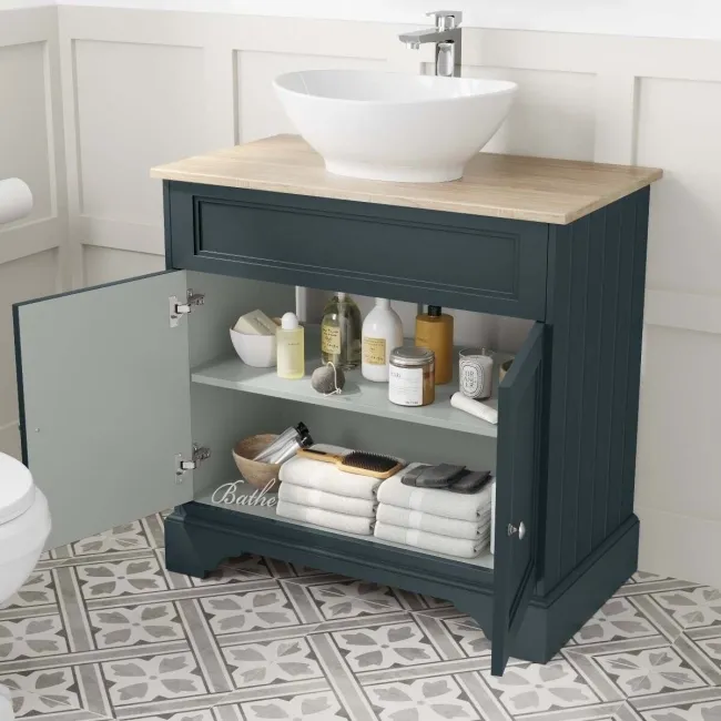 Lucia Inky Blue Vanity with Oak Effect Top & Oval Counter Top Basin 840mm