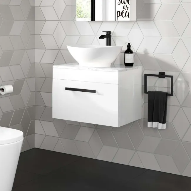 Avon Gloss White Wall Hung Drawer Vanity with Marble Top & Oval Counter Top Basin 600mm - Black Accents