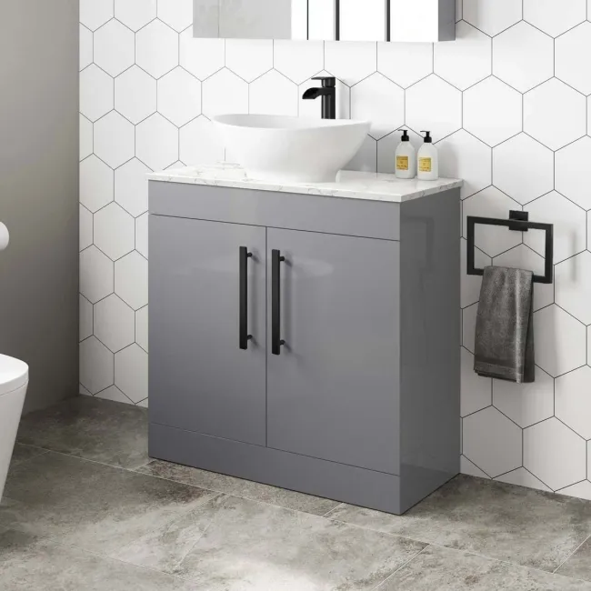 Avon Stone Grey Vanity with Marble Top & Oval Counter Top Basin 800mm - Black Accents