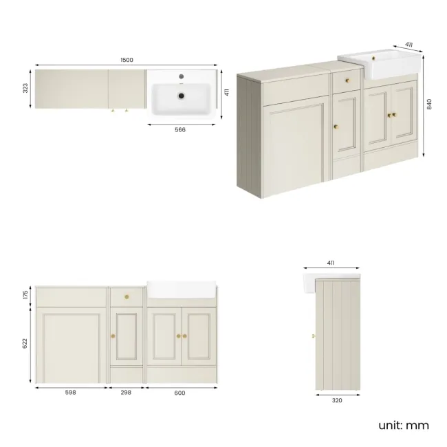 Monaco Chalk White Combination Vanity Basin 1500mm (Excludes Pan & Cistern) - Brushed Brass Accents