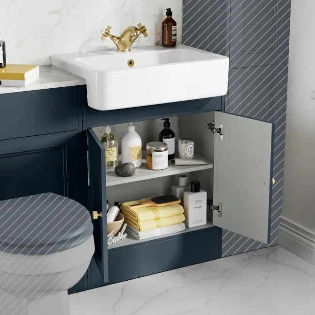 Monaco Inky Blue Combination Vanity Basin with Marble Top 1200mm (Excludes Pan & Cistern) - Brushed Brass Accents
