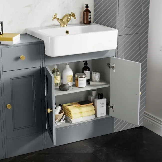 Monaco Dove Grey Combination Vanity Basin and Hudson Toilet with Wooden Seat 1500mm - Brushed Brass Accents