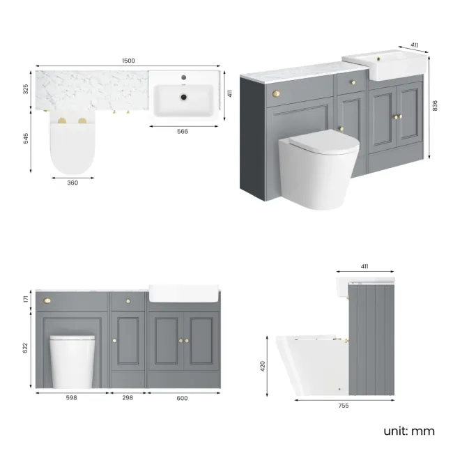 Monaco Dove Grey Combination Vanity Basin with Marble Top and Boston Toilet 1500mm - Brushed Brass Accents