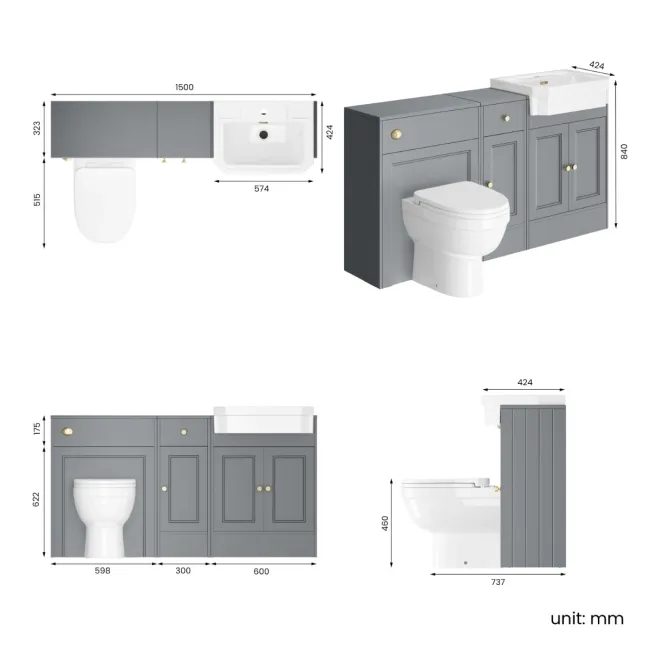 Monaco Dove Grey Combination Vanity Traditional Basin and Seattle Toilet 1500mm - Brushed Brass Accents