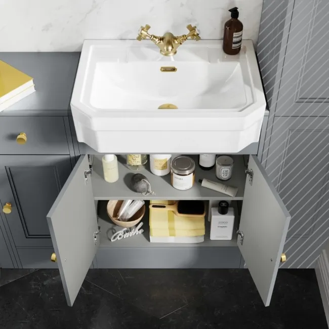 Monaco Dove Grey Combination Vanity Traditional Basin and Hudson Toilet with Wooden Seat 1500mm - Brushed Brass Accents