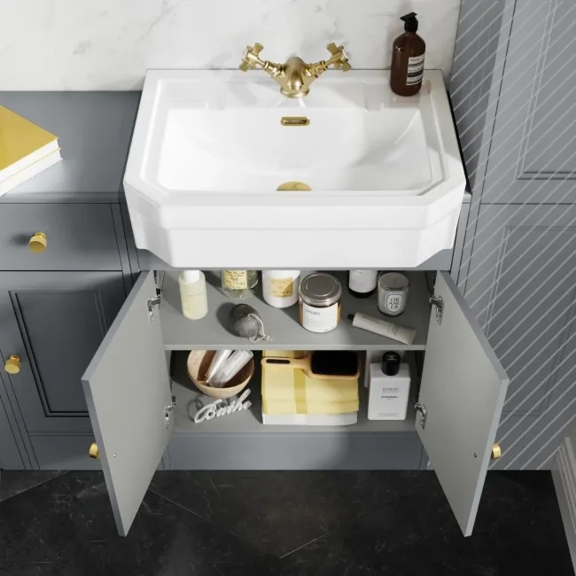 Monaco Dove Grey Combination Vanity Traditional Basin and Boston Toilet 1500mm - Brushed Brass Accents