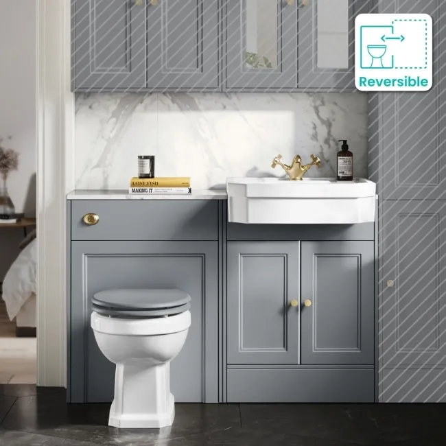 Monaco Dove Grey Combination Vanity Traditional Basin with Marble Top & Hudson Toilet with Wooden Seat 1200mm - Brushed Brass Accents