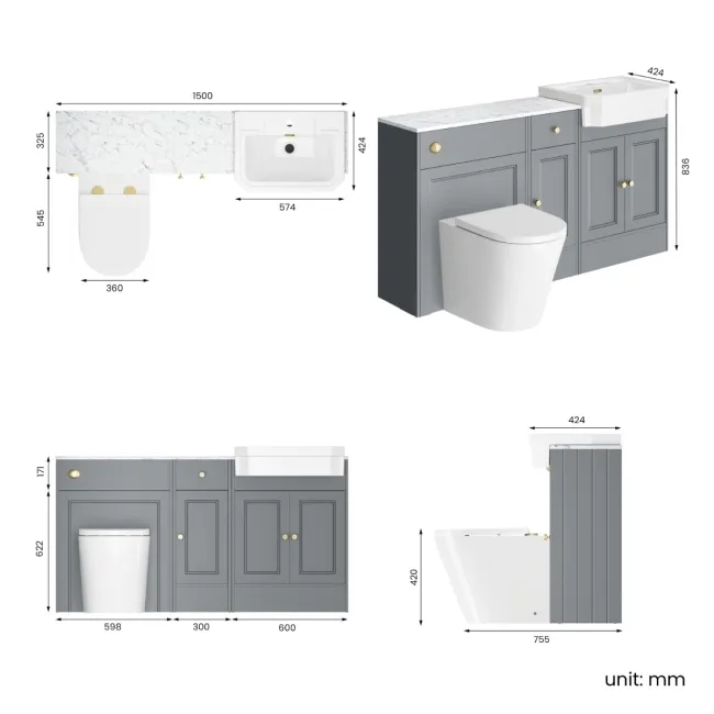 Monaco Dove Grey Combination Vanity Traditional Basin with Marble Top and Boston Toilet 1500mm - Brushed Brass Accents