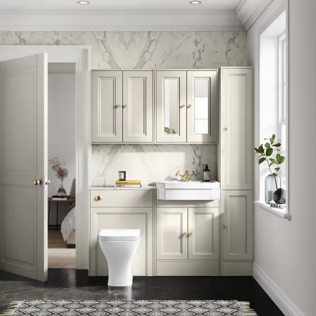 Monaco Chalk White Combination Vanity Traditional Basin with Marble Top & Atlanta Toilet 1200mm - Brushed Brass Accents