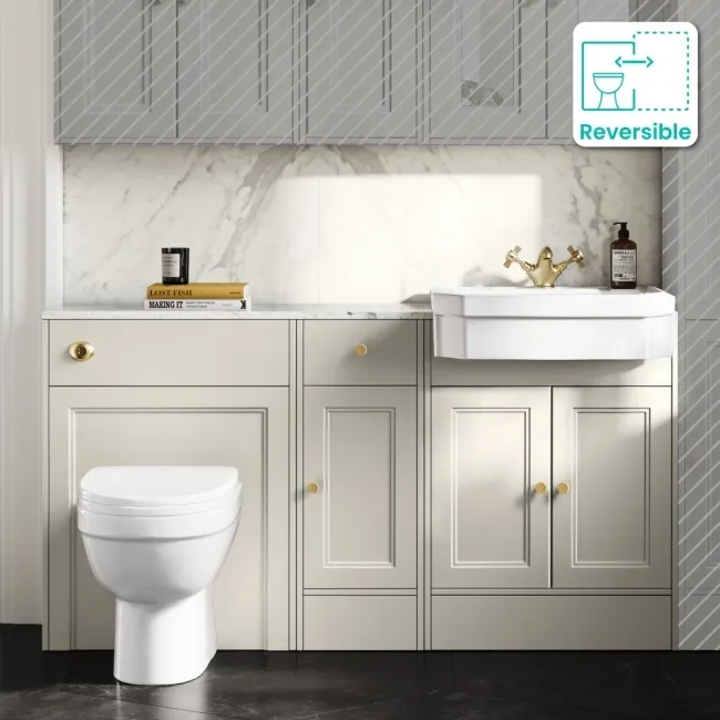 Monaco Chalk White Combination Vanity Traditional Basin with Marble Top and Seattle Toilet 1500mm - Brushed Brass Accents