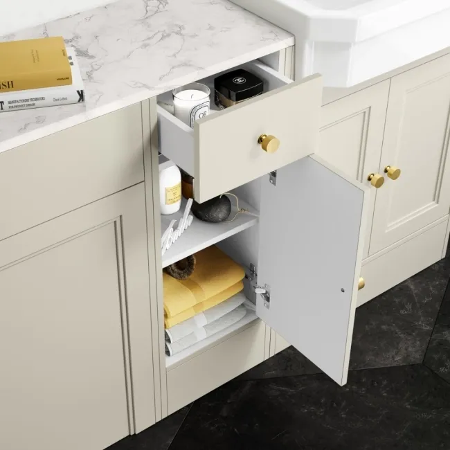Monaco Chalk White Combination Vanity Traditional Basin with Marble Top and Seattle Toilet 1500mm - Brushed Brass Accents