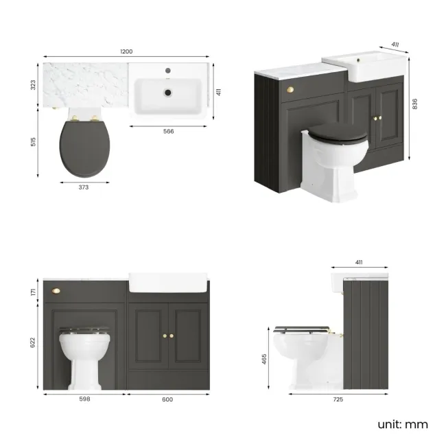 Monaco Graphite Grey Combination Vanity Basin with Marble Top & Hudson Toilet with Wooden Seat 1200mm - Brushed Brass Accents