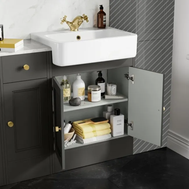 Monaco Graphite Grey Combination Vanity Basin with Marble Top and Hudson Toilet with Wooden Seat 1500mm - Brushed Brass Accents