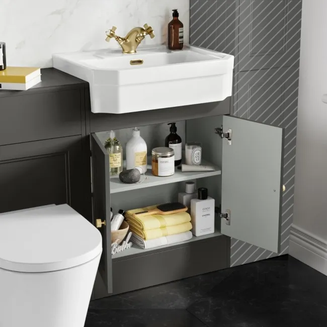 Monaco Graphite Grey Combination Vanity Traditional Basin and Boston Toilet 1200mm - Brushed Brass Accents
