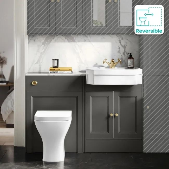 Monaco Graphite Grey Combination Vanity Traditional Basin with Marble Top & Atlanta Toilet 1200mm - Brushed Brass Accents