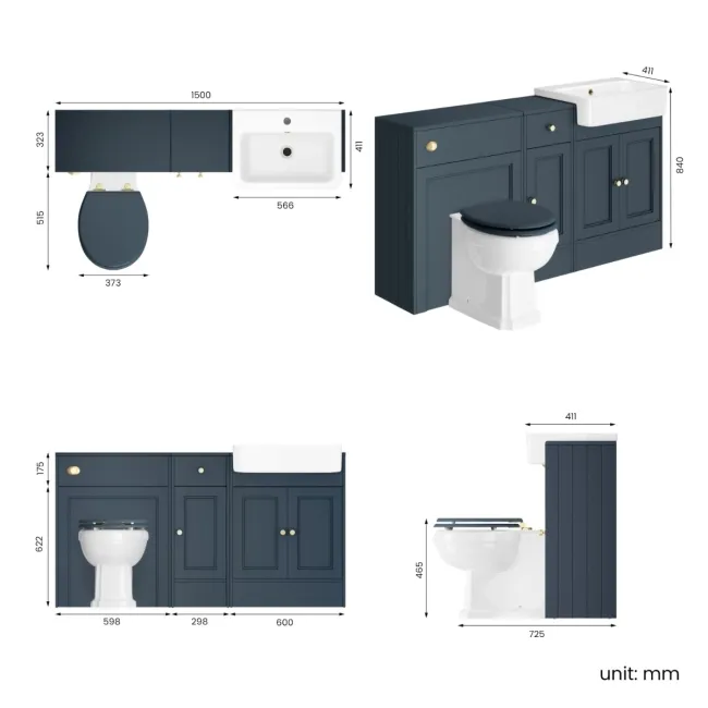 Monaco Inky Blue Combination Vanity Basin and Hudson Toilet with Wooden Seat 1500mm - Brushed Brass Accents