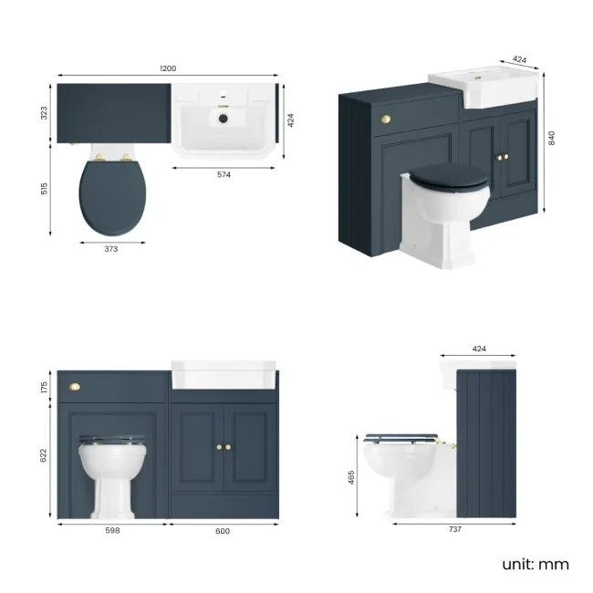 Monaco Inky Blue Combination Vanity Traditional Basin and Hudson Toilet with Wooden Seat 1200mm - Brushed Brass Accents