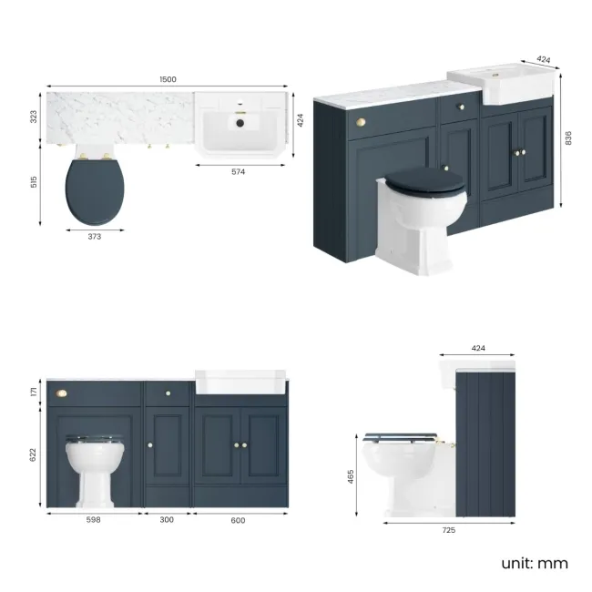 Monaco Inky Blue Combination Vanity Traditional Basin with Marble Top & Hudson Toilet with Wooden Seat 1500mm - Brushed Brass Accents