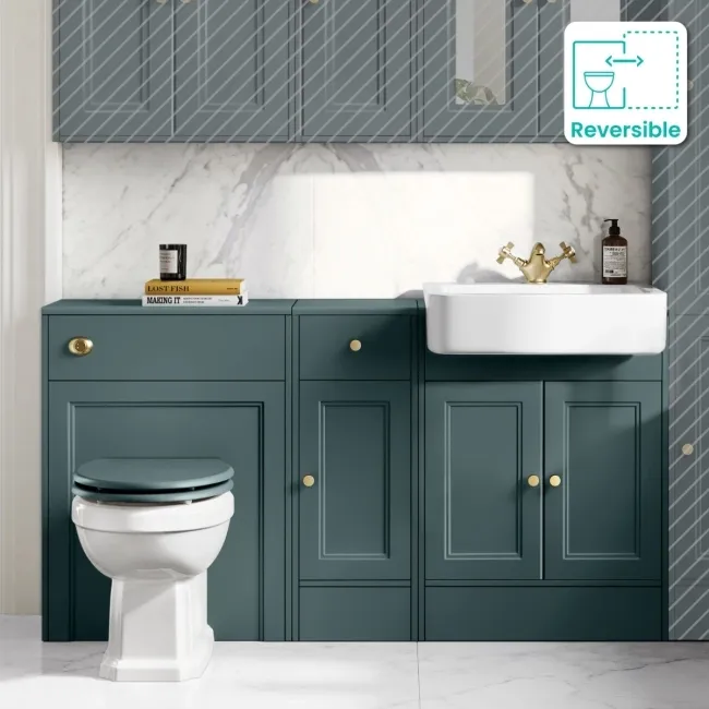 Monaco Midnight Green Combination Vanity Basin and Hudson Toilet with Wooden Seat 1500mm - Brushed Brass Accents