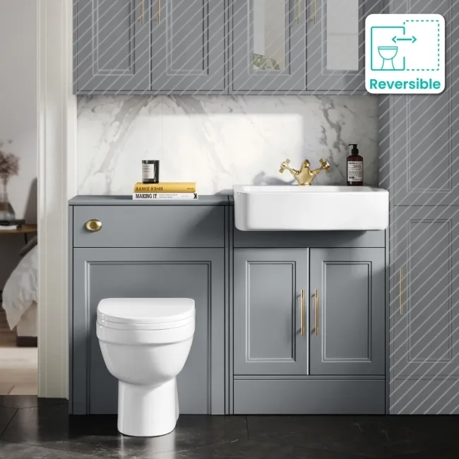 Monaco Dove Grey Combination Vanity Basin and Seattle Toilet 1200mm - Brass Knurled Handles