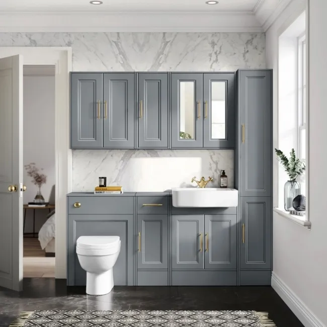 Monaco Dove Grey Combination Vanity Basin and Seattle Toilet 1500mm - Brass Knurled Handles