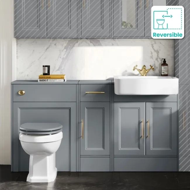 Monaco Dove Grey Combination Vanity Basin and Hudson Toilet with Wooden Seat 1500mm - Brass Knurled Handles
