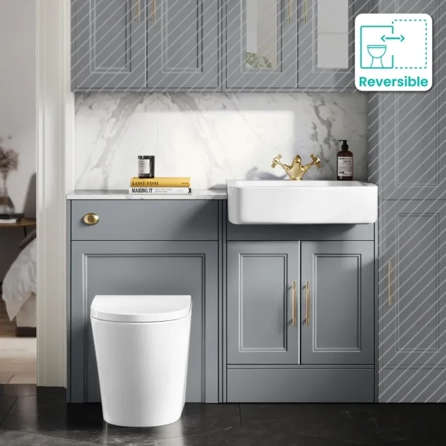Monaco Dove Grey Combination Vanity Basin with Marble Top & Boston Toilet 1200mm - Brass Knurled Handles