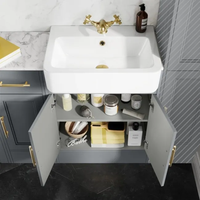 Monaco Dove Grey Combination Vanity Basin with Marble Top and Boston Toilet 1500mm - Brass Knurled Handles