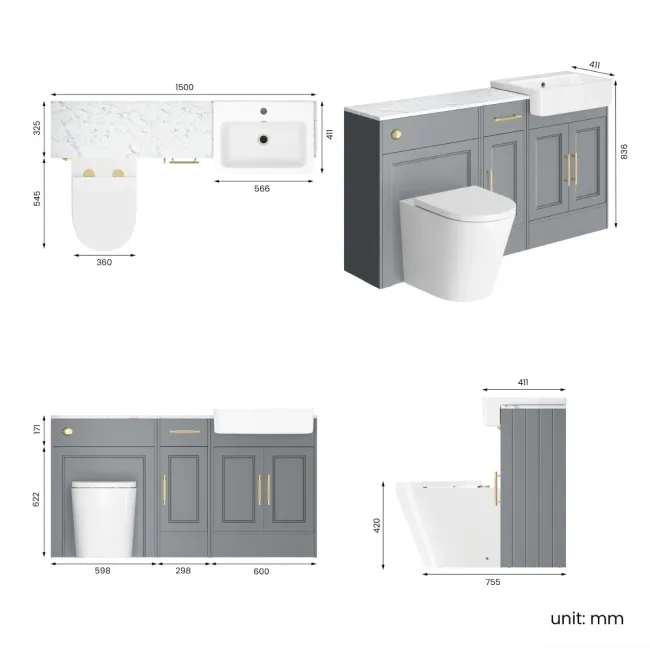 Monaco Dove Grey Combination Vanity Basin with Marble Top and Boston Toilet 1500mm - Brass Knurled Handles