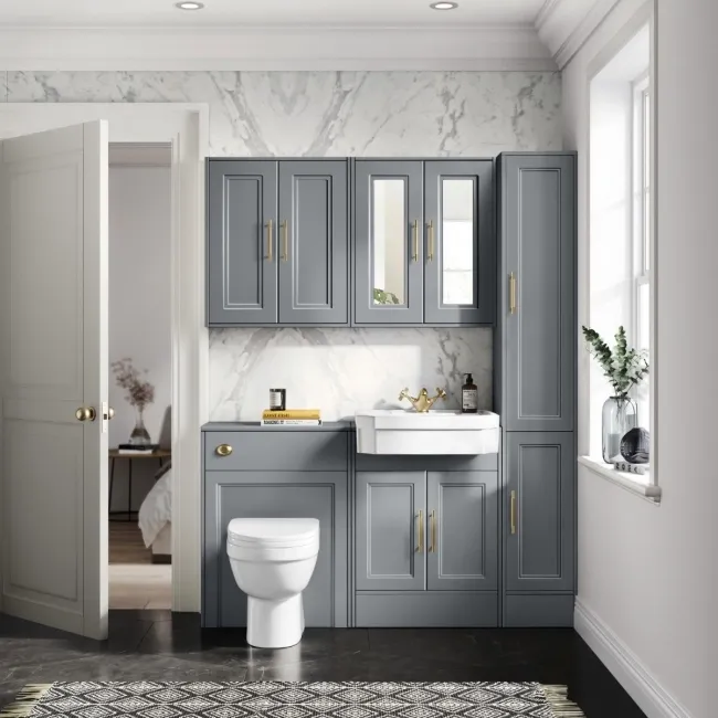 Monaco Dove Grey Combination Vanity Traditional Basin and Seattle Toilet 1200mm - Brass Knurled Handles