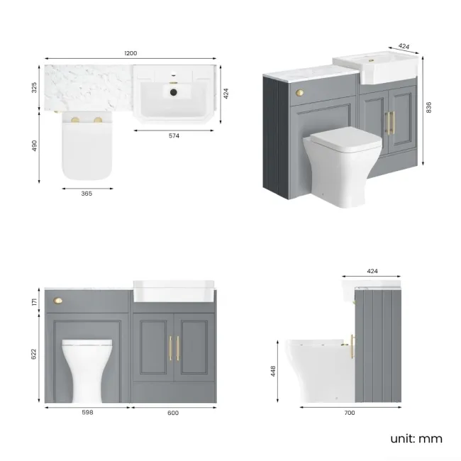 Monaco Dove Grey Combination Vanity Traditional Basin with Marble Top & Atlanta Toilet 1200mm - Brass Knurled Handles